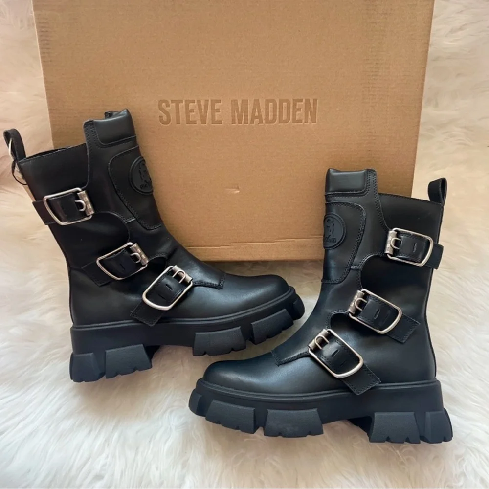 ❤️SOLD❤️ Steve Madden Chunky Sole Platform Moto Combat Boots in Black Leather - Picture 2 of 11